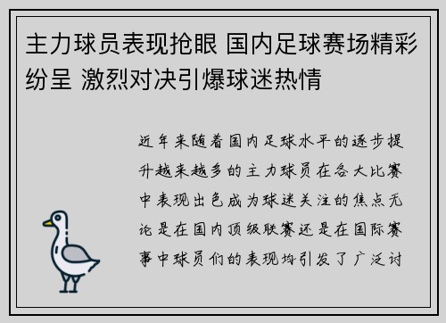 主力球员表现抢眼 国内足球赛场精彩纷呈 激烈对决引爆球迷热情
